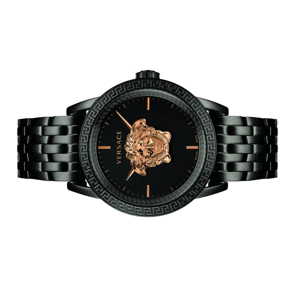 Versace Palazzo Empire watch front view with black strap and Medusa logo