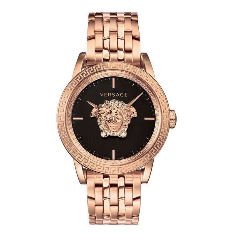 Versace Palazzo Empire rose gold watch with black dial and Medusa face on rose gold bracelet