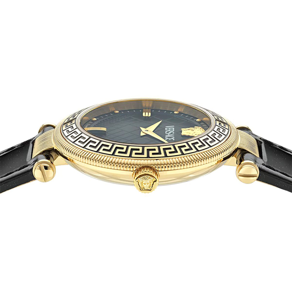 Versace REVE 35mm angle view displaying gold bezel with Greek key pattern and black dial