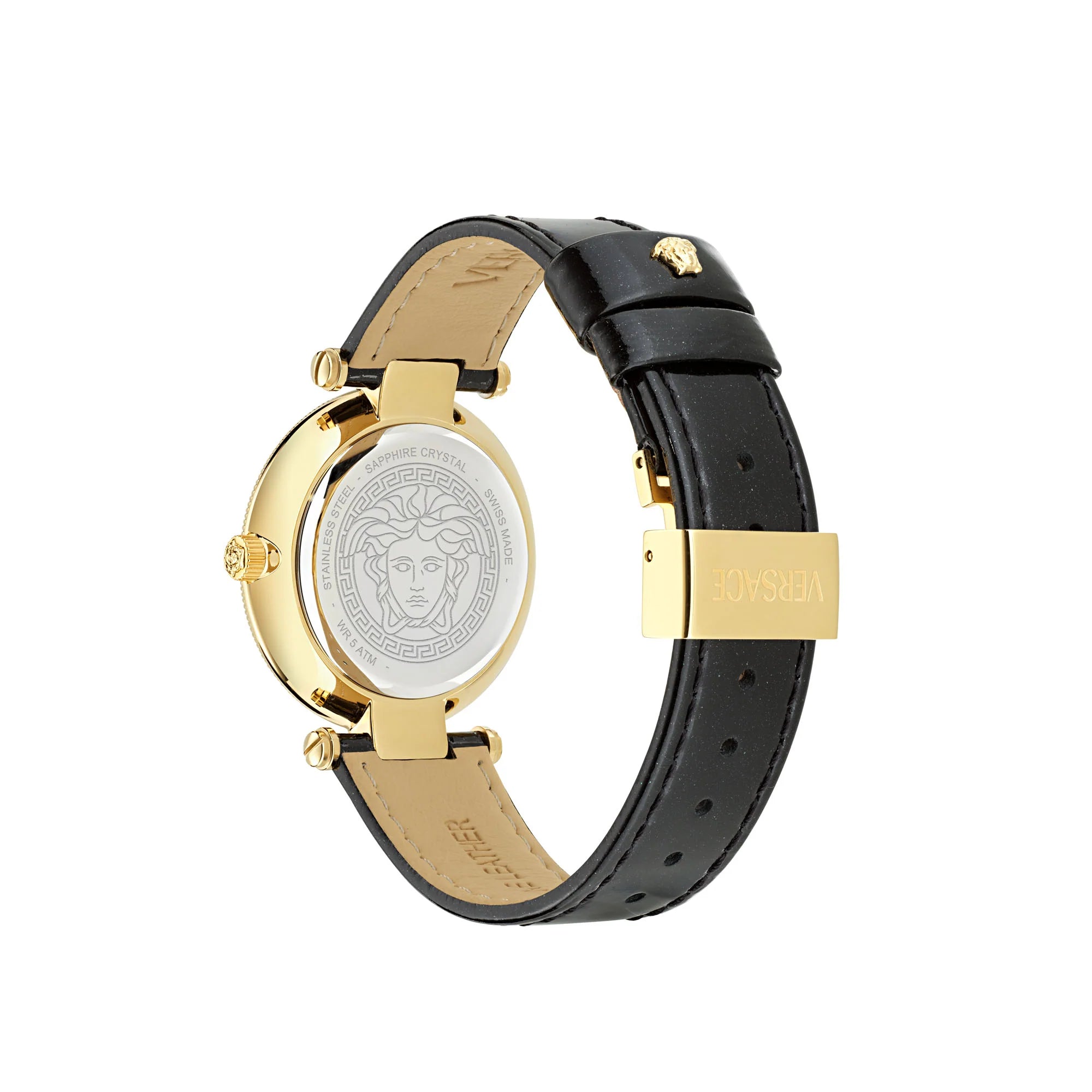 Versace REVE 35mm caseback showing gold case with leather strap and Medusa medallion