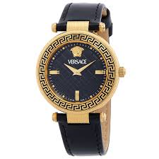 Versace REVE 35mm black dial watch with gold case and black leather strap