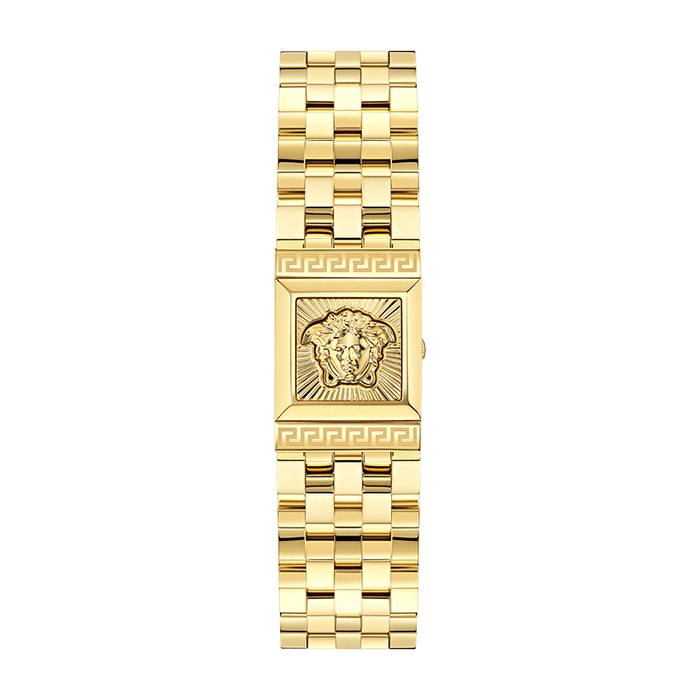 Angled view of Versace Reveal gold watch with square black dial and dual display faces