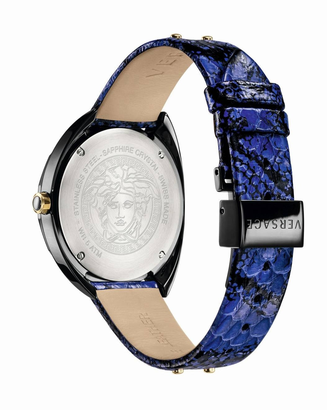 Versace Shadov watch case back showing Medusa medallion and sapphire crystal engraving
