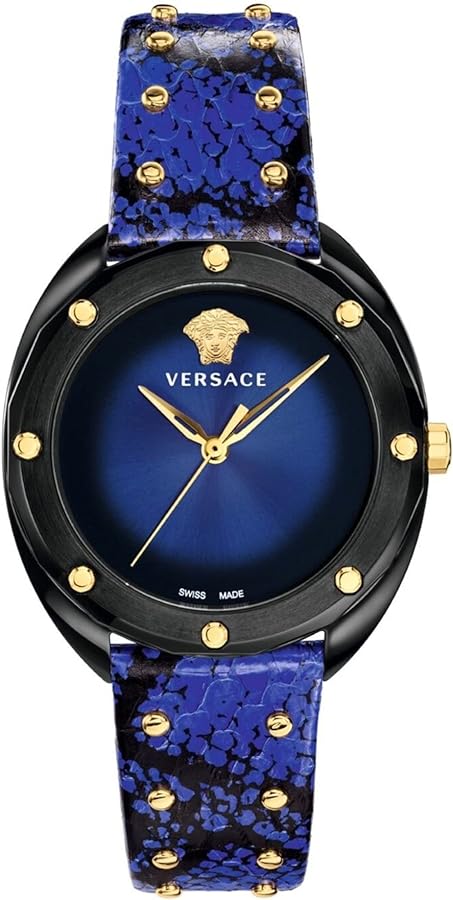 Versace Shadov quartz watch with blue sunburst dial and black case with gold accents