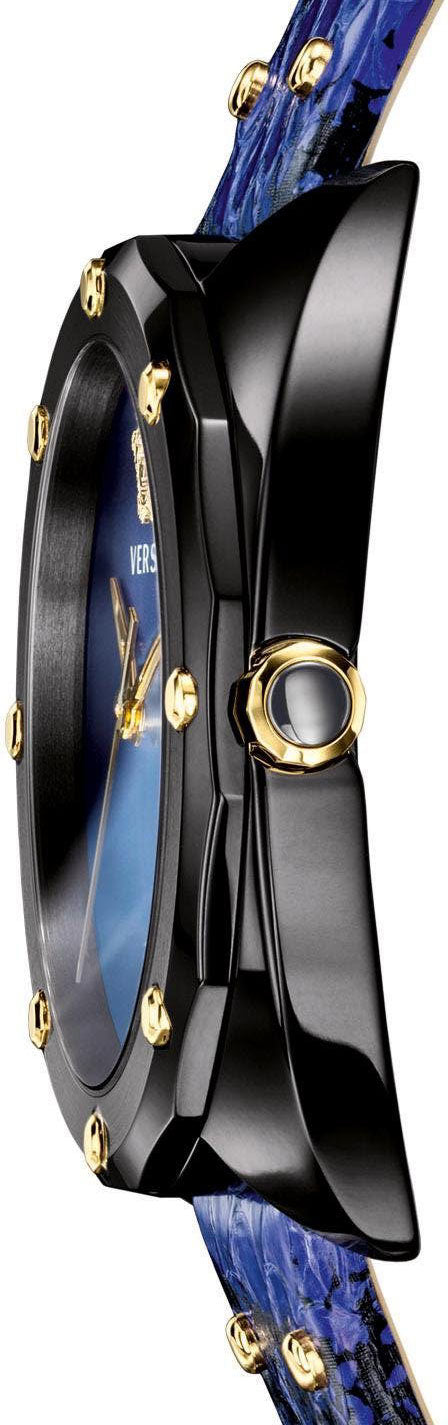 Versace Shadov watch side view showing black case thickness and leather strap attachment