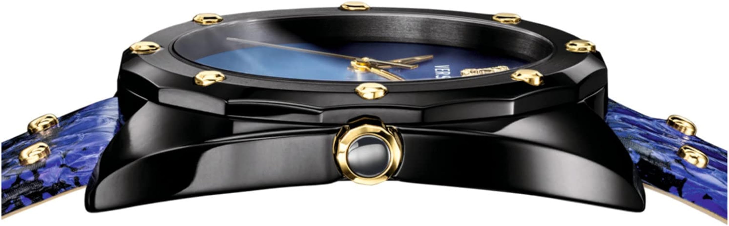 Versace Shadov watch top-down view with blue dial and black case with studs
