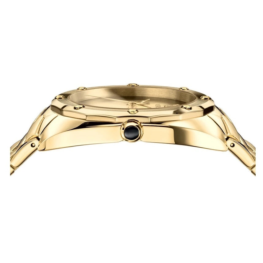 Versace Shadov watch side view showing quilted gold-tone bracelet and case profile