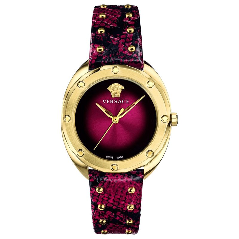 Versace Shadov quartz watch with red sunburst dial, gold case, and red leather studded strap