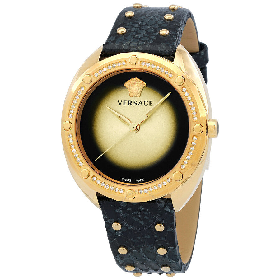 Versace Shadov gold case watch with gold dial, diamond bezel and black leather strap