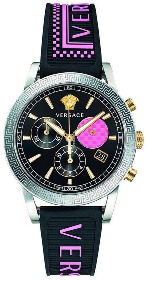 Versace Sport Tech chronograph ladies watch with black dial, pink sub-dial, and Versace strap