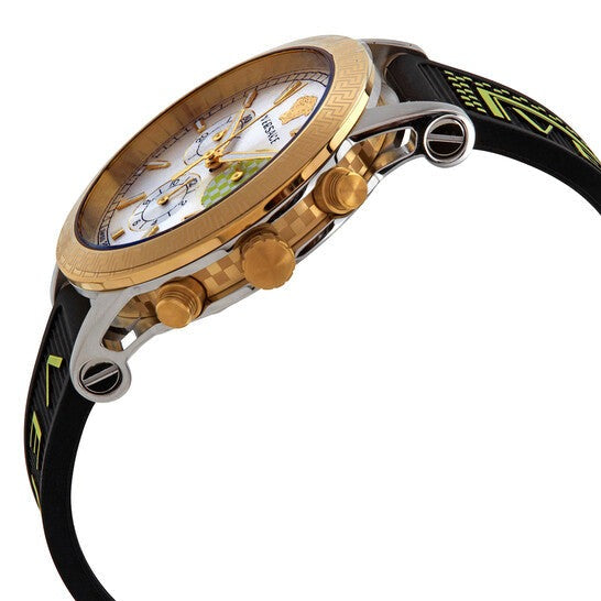 Three-quarter view showing chronograph pushers, crown, and black rubber strap detail