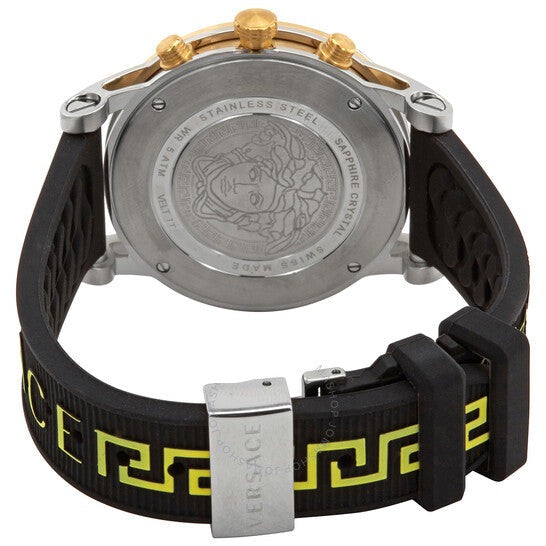 Caseback of Versace Sports Tech watch with Medusa logo and metal closure on black rubber strap