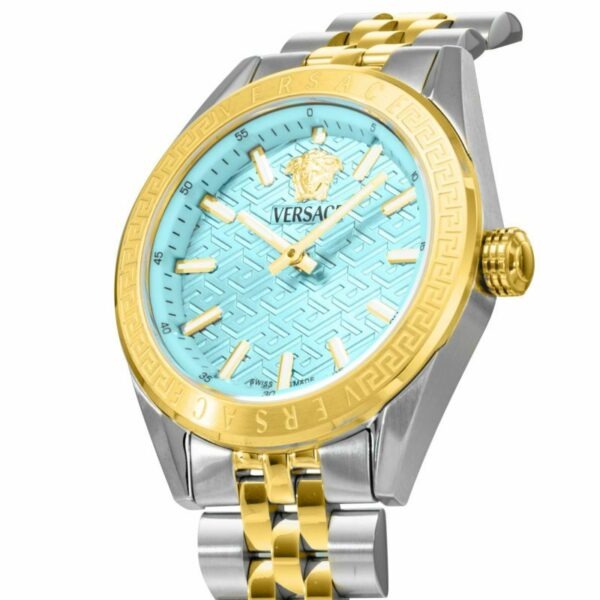 Angled view of Versace V Code watch showing blue dial with Medusa head logo