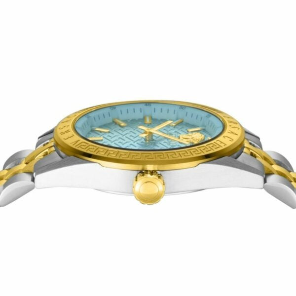 Angled view showing V Code watch blue dial with Greek key bezel detail