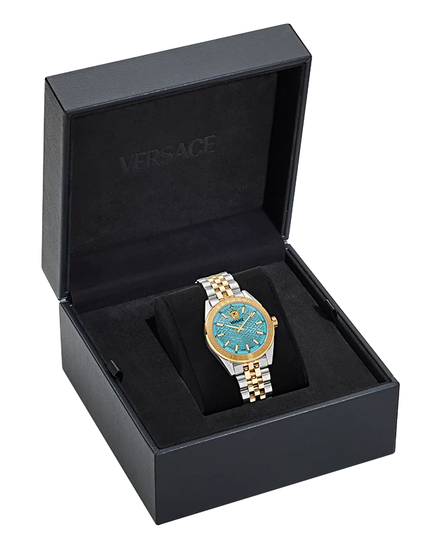 Versace V Code watch displayed in black branded presentation box