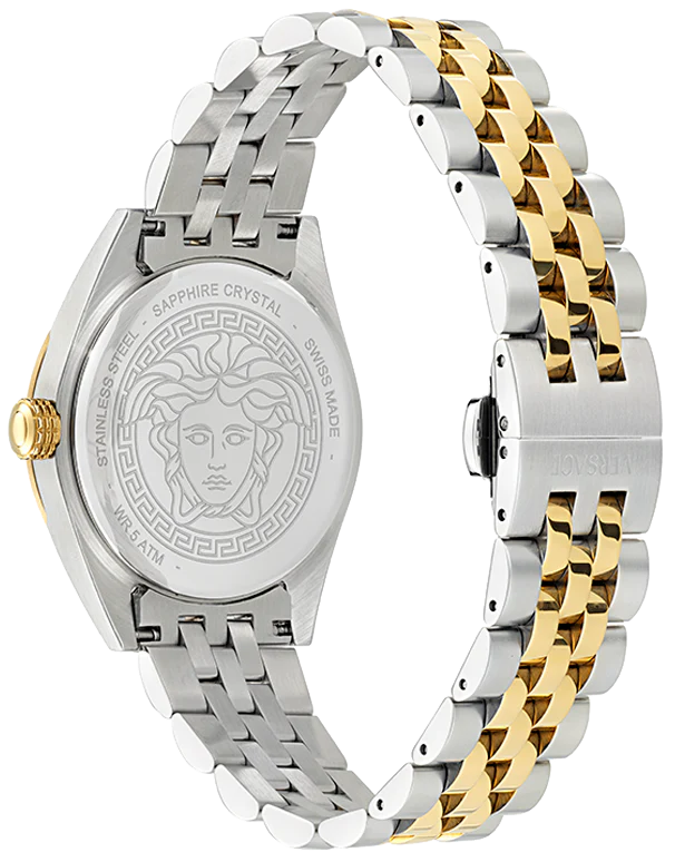 Caseback and bracelet view of V Code watch showing stainless steel case and two-tone link