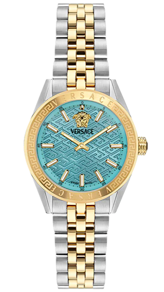 Versace Timeless V Code blue dial watch with two-tone steel and gold bezel