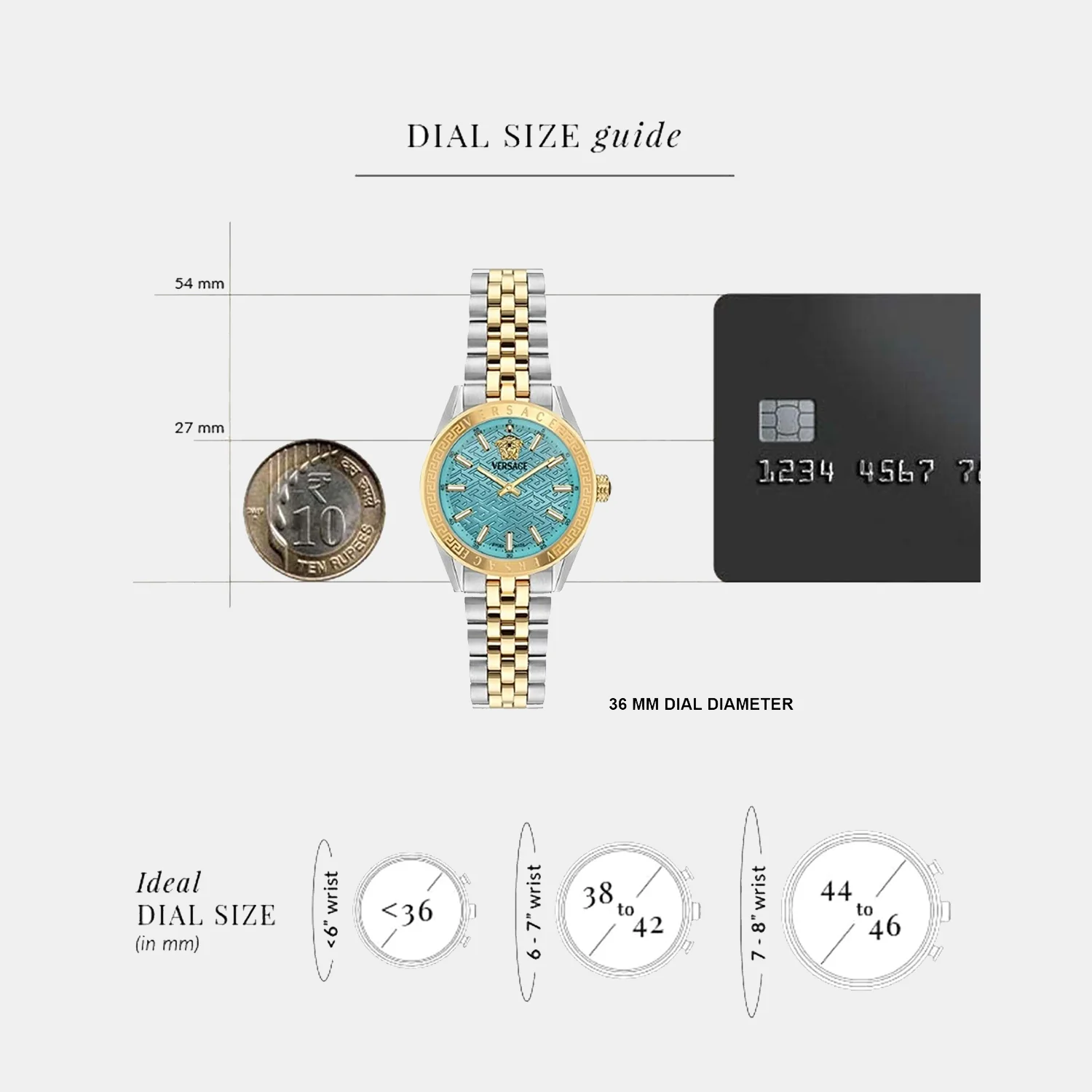 Versace V Code watch dial size guide showing 36mm diameter with size comparison