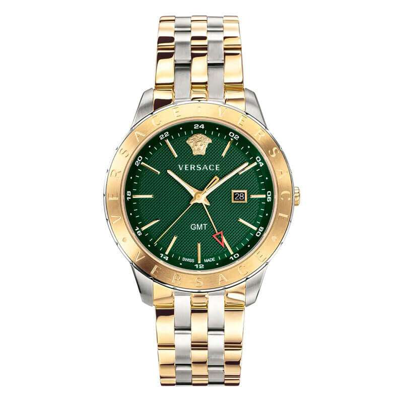 Versace Univers GMT green dial watch with two-tone gold and silver bracelet