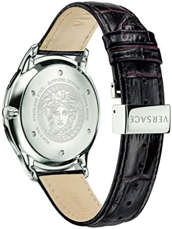 Versace Univers watch caseback with Medusa medallion and brown crocodile leather strap
