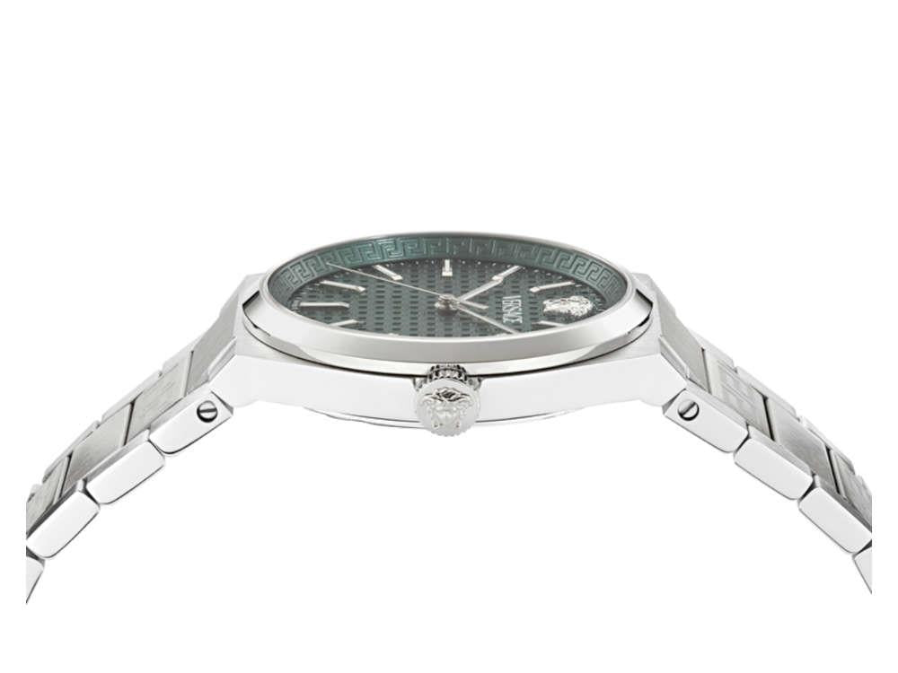 Side angle view of Versace V-Auria watch with silver steel bracelet