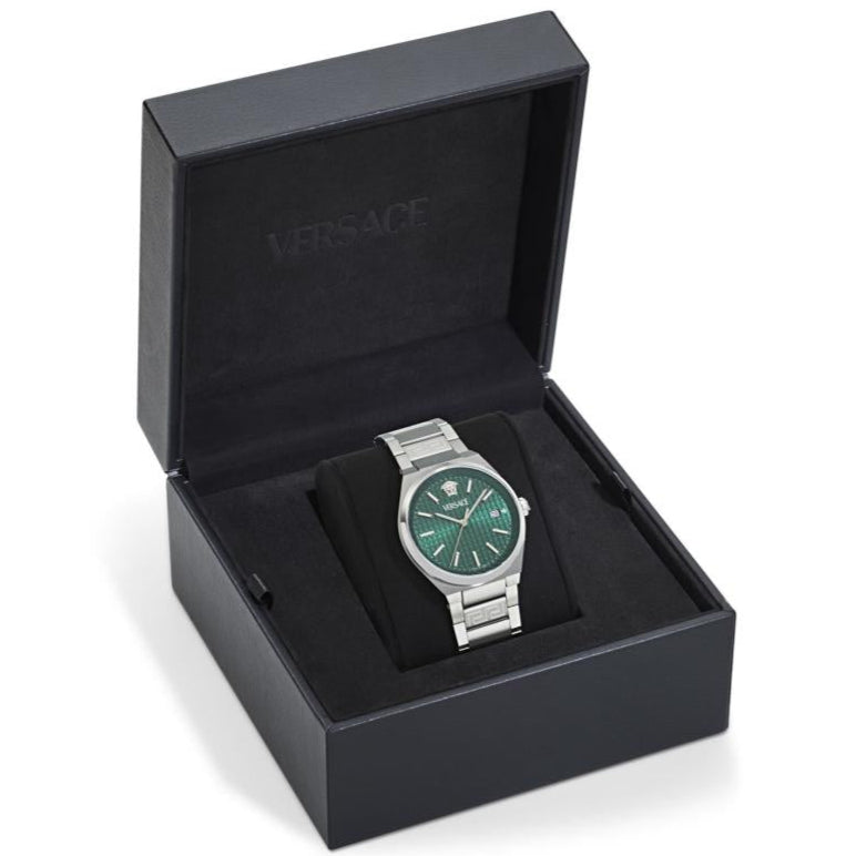 Versace V-Auria watch in black presentation box with black interior