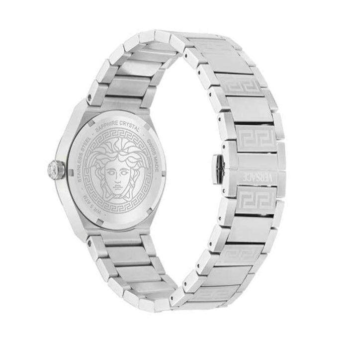 Caseback view of Versace V-Auria showing Medusa medallion and sapphire crystal