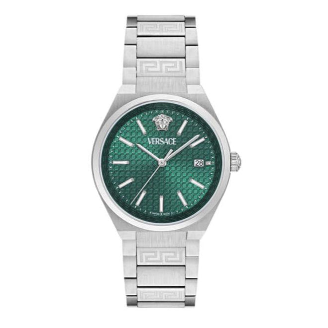 Front view of Versace V-Auria watch with quilted green dial and date window