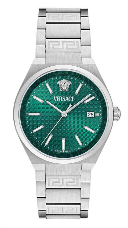 Versace V-Auria men's watch with green dial, silver steel case and bracelet