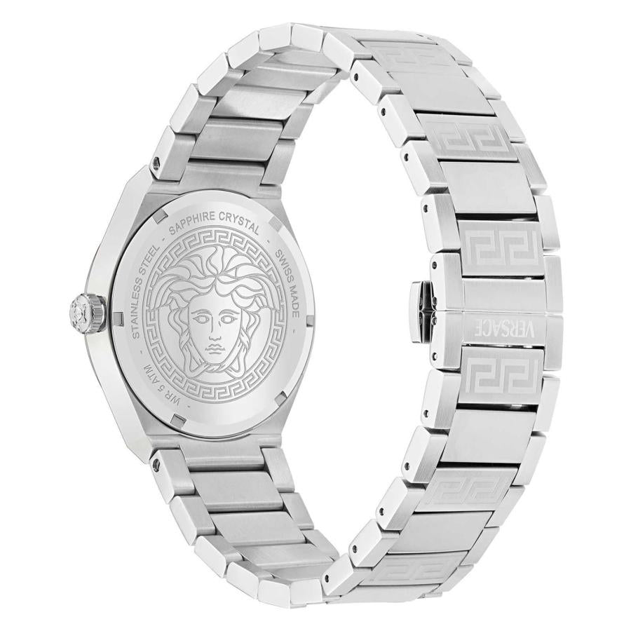 Side profile of Versace V-Auria watch showing bracelet and caseback with Medusa head