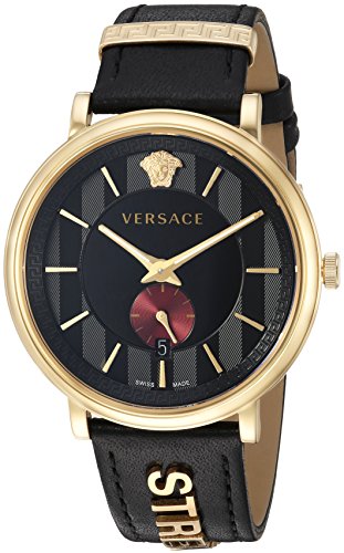 Three-quarter view of Versace V-Circle gold watch with black leather strap and Medusa logo