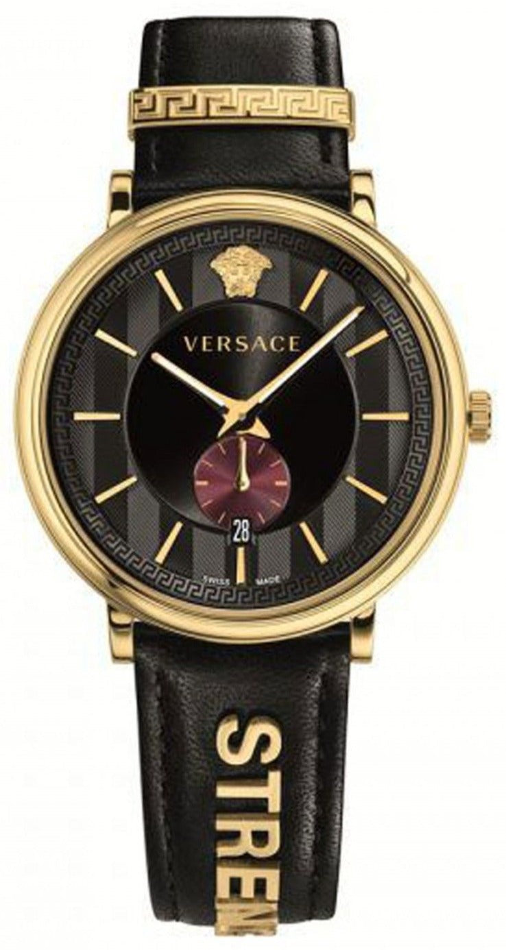 Versace V-Circle Manifesto gold and black watch with Greek key bezel on leather strap