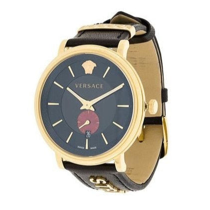 Versace V-Circle Manifesto watch with gold case and black subdial on black strap
