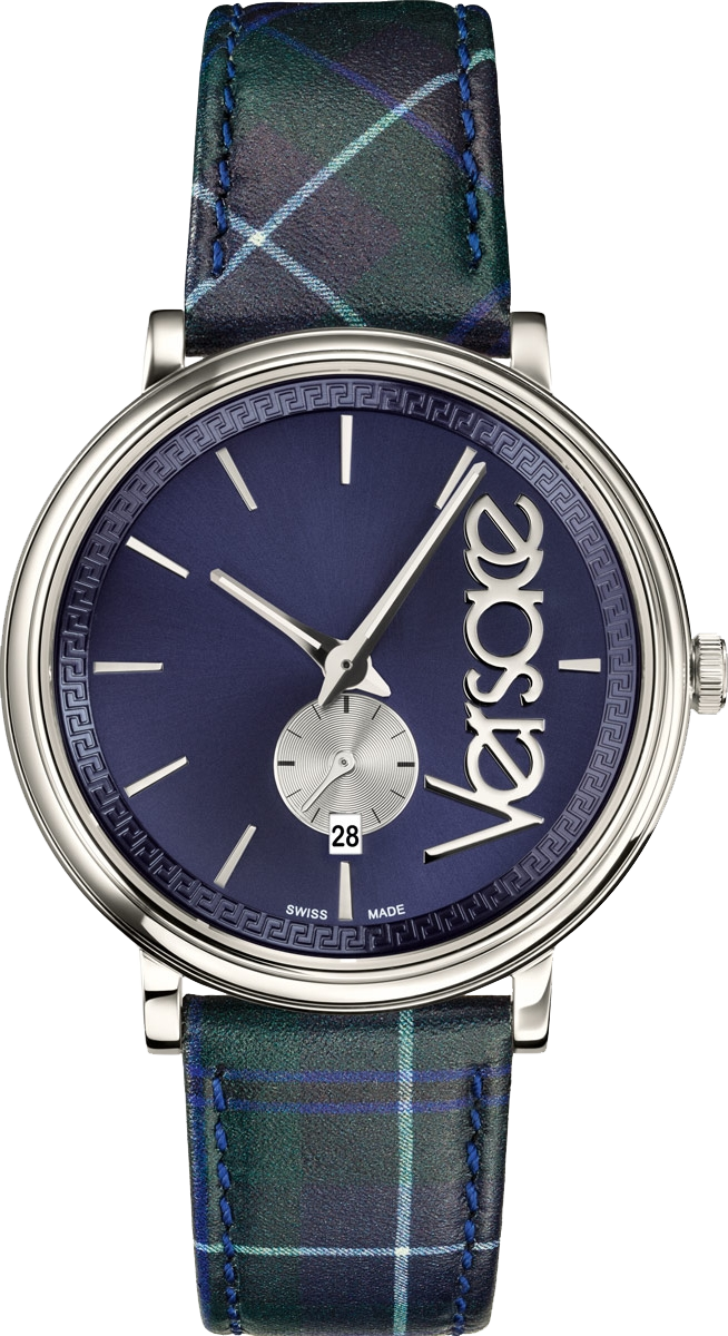 Versace V-Circle The Clans Edition watch with navy blue dial, white hands, and blue plaid fabric strap