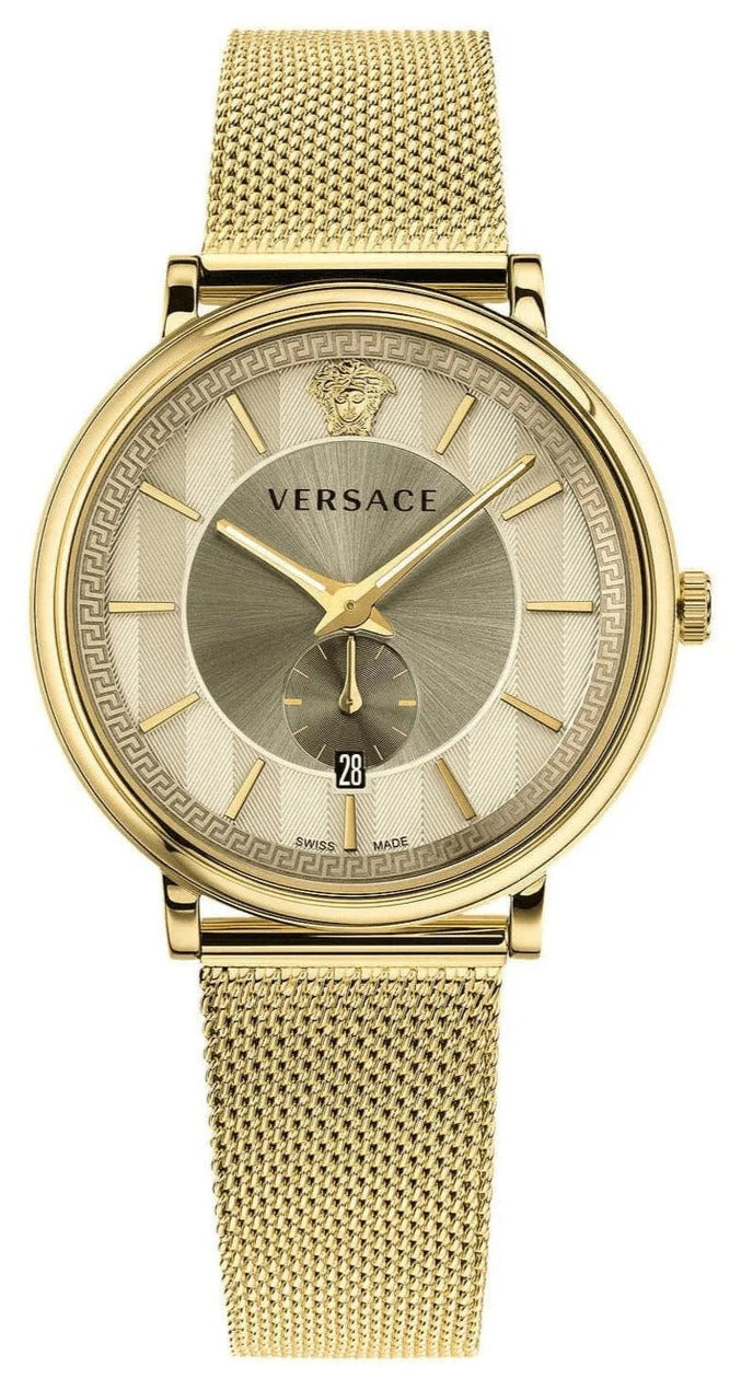 Versace V-Circle automatic GMT men's watch with yellow gold mesh bracelet and champagne dial