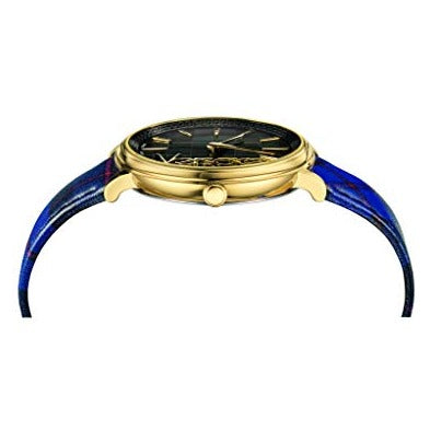 Versace V-Circle women's watch top-down angle with blue leather strap visible