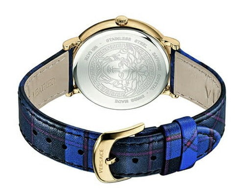Versace V-Circle caseback showing engraved Medusa head medallion and Greek text