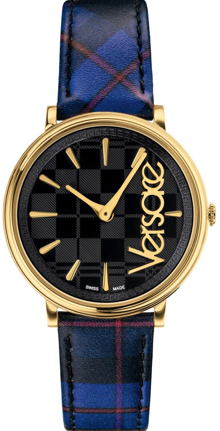 Versace V-Circle black dial watch with gold hands, gold-tone case and blue tartan leather strap