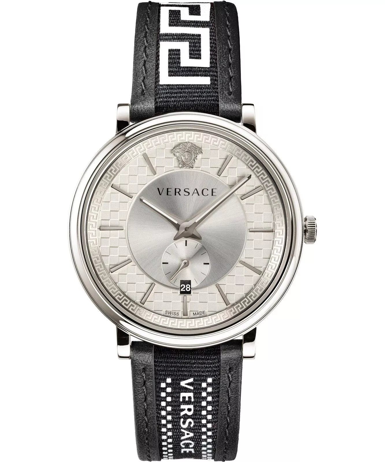Versace V-Circle watch front view with silver dial and black leather strap