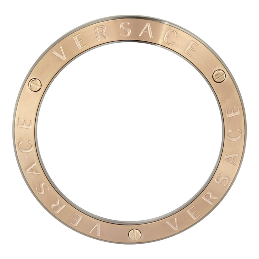Versace rose gold bezel ring with Versace branding and GRECA pattern