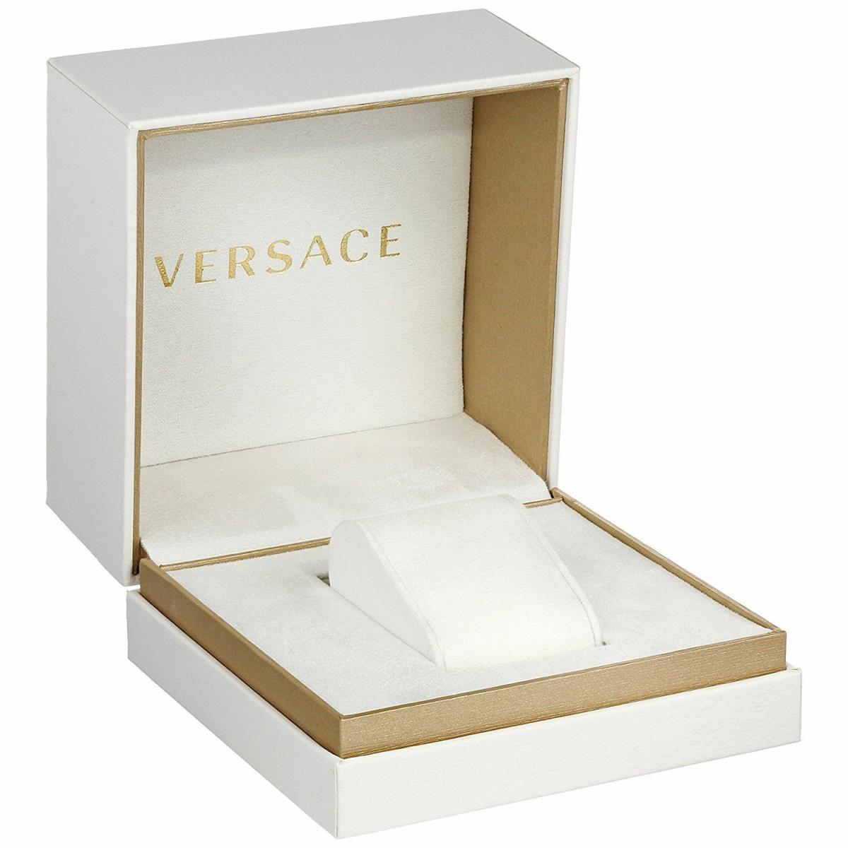 Versace watch presentation box with white exterior and gold-tone interior