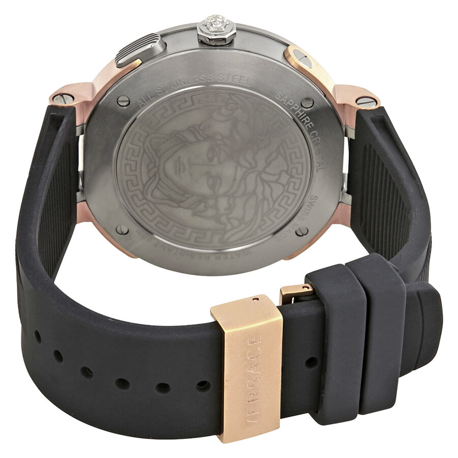Versace V-Extreme watch caseback showing Medusa logo and black rubber strap