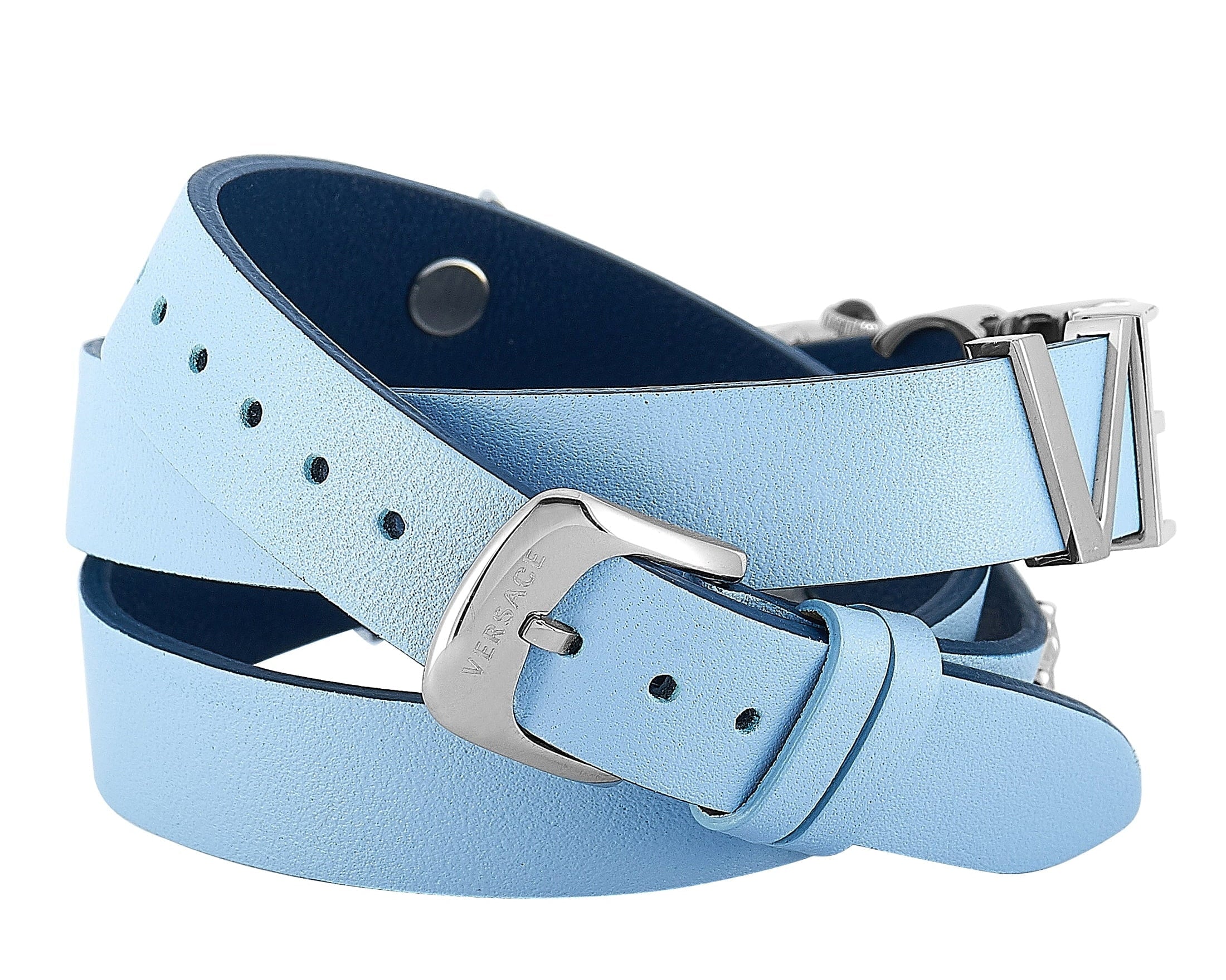 Light blue leather watch strap with buckle closure and Versace logo
