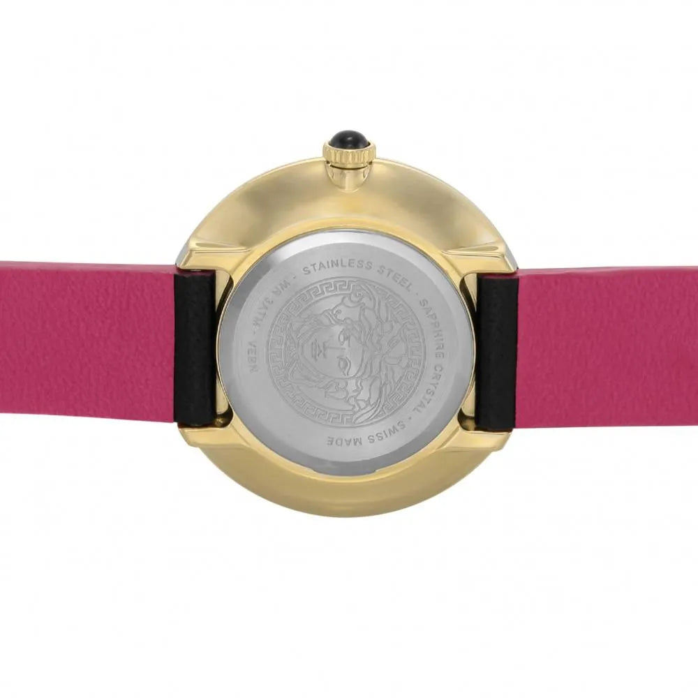 Caseback of Versace V-Flare watch showing stainless steel case back with engraved Medusa and text detailing