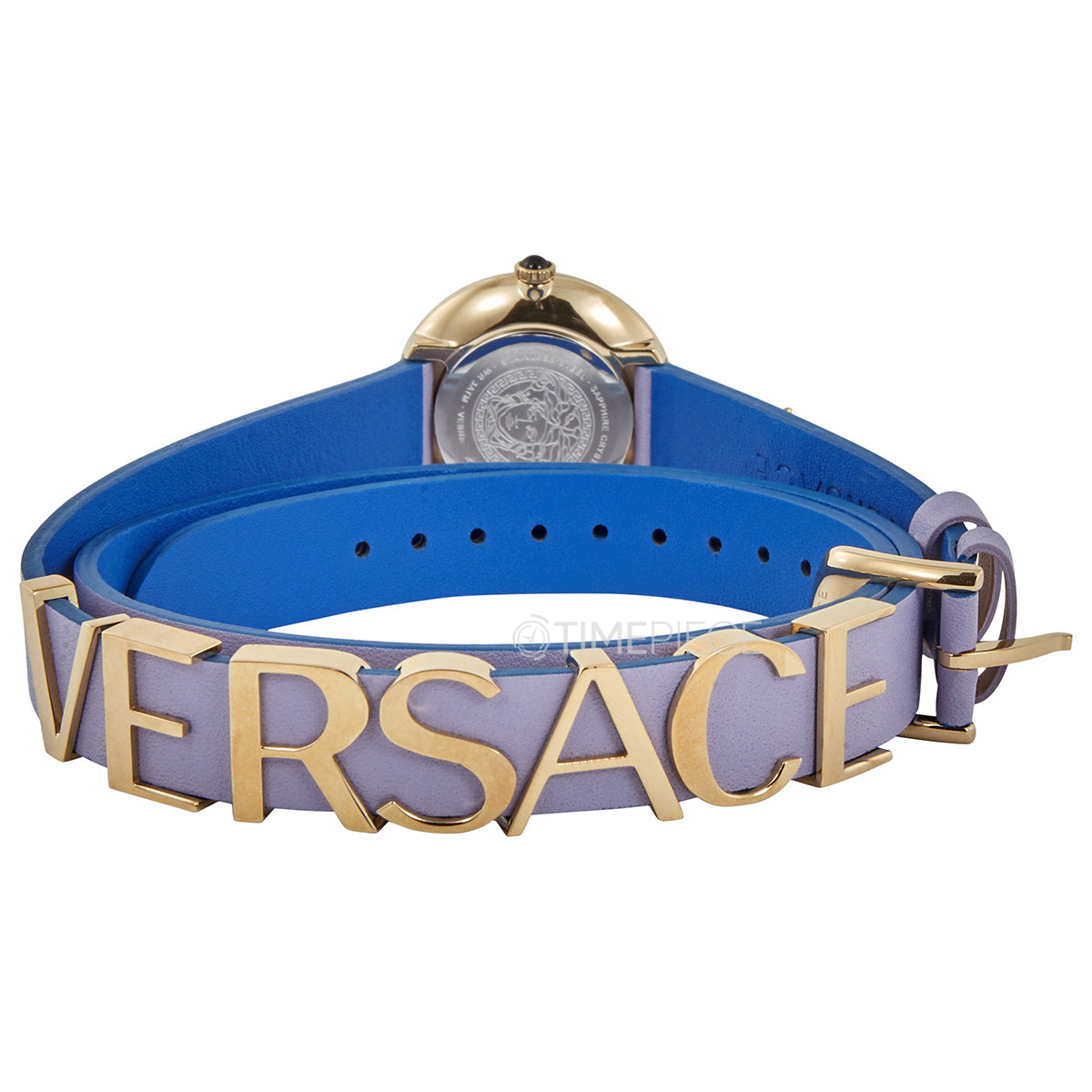 Versace V-Flare watch caseback showing gold case back, purple leather strap, and VERSACE text detail