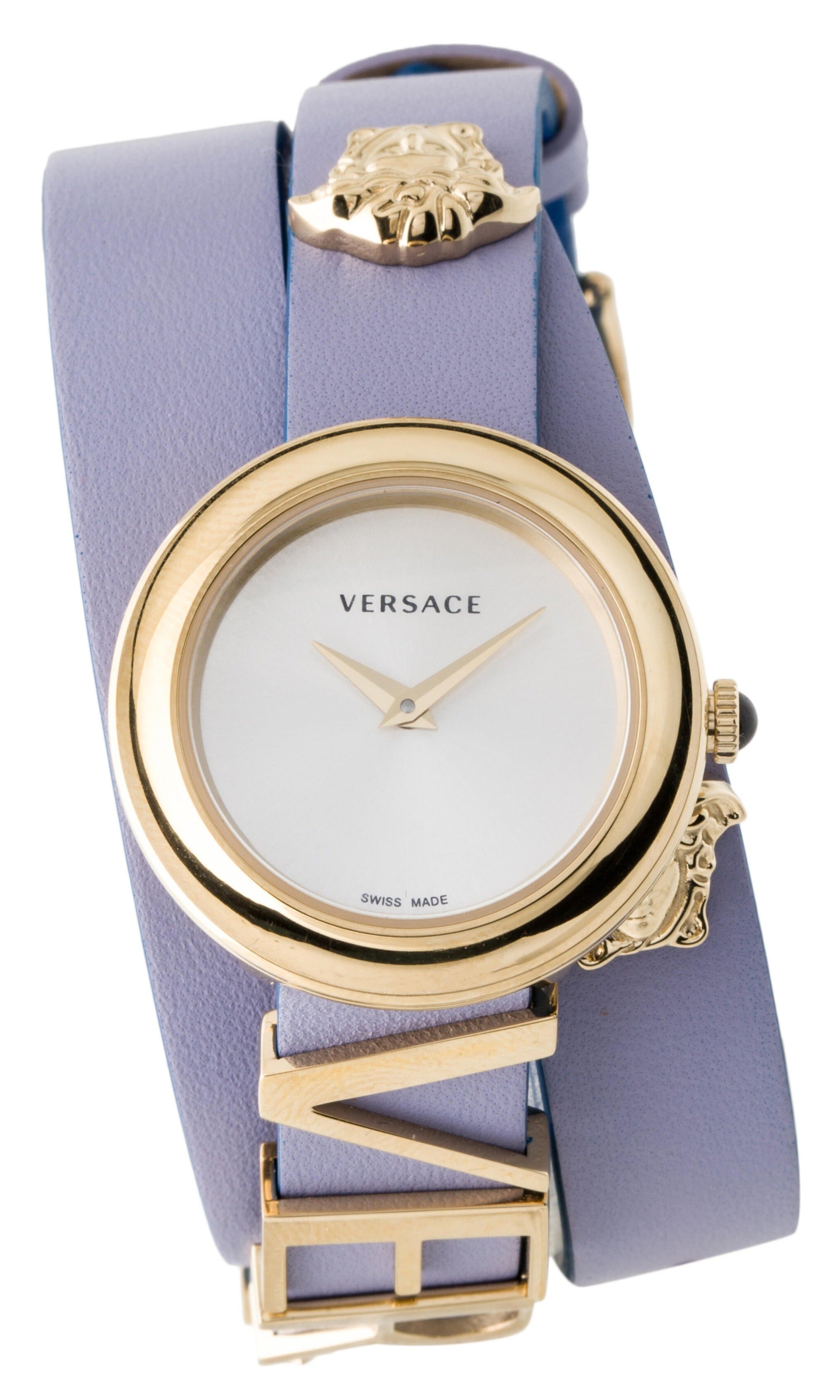 Versace V-Flare women's watch with silver dial, gold case, and purple leather strap wrapped around watch