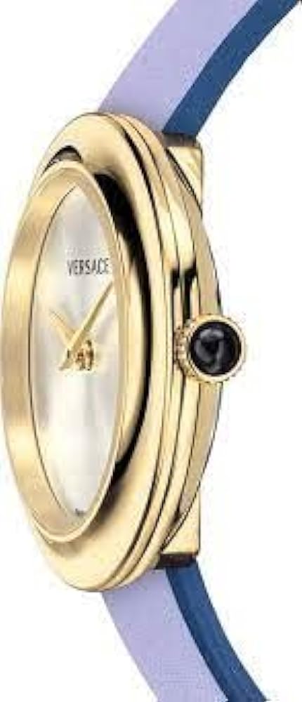 Versace V-Flare watch side profile with gold case, silver dial, and two-tone purple leather band