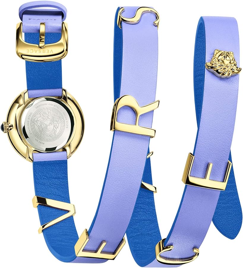 Versace V-Flare watch caseback and strap detail showing purple and blue leather band with gold V logo accents