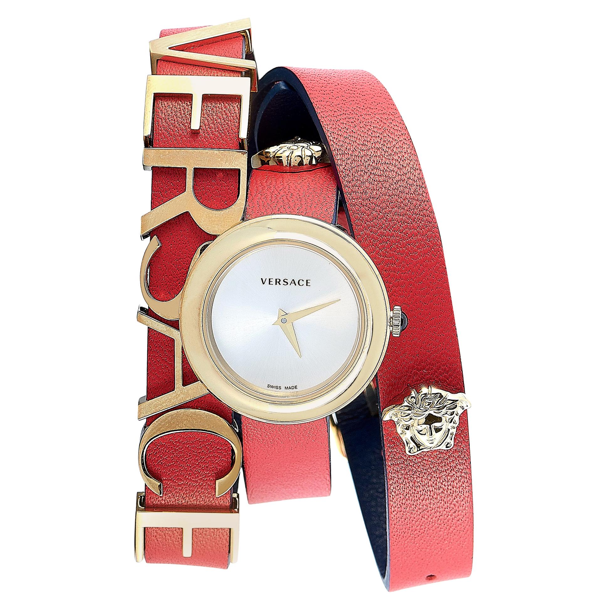 Versace V-Flare watch showing wrapped red and navy leather straps with Medusa buckles
