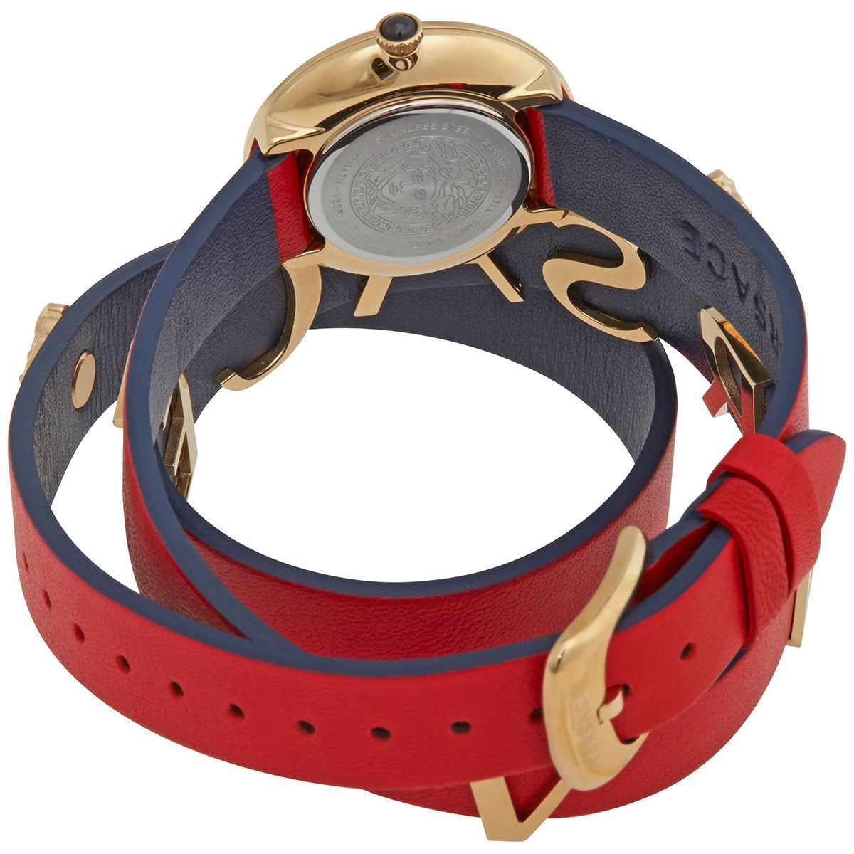 Versace V-Flare wrap-around strap showing dual red and navy leather with gold Medusa accents